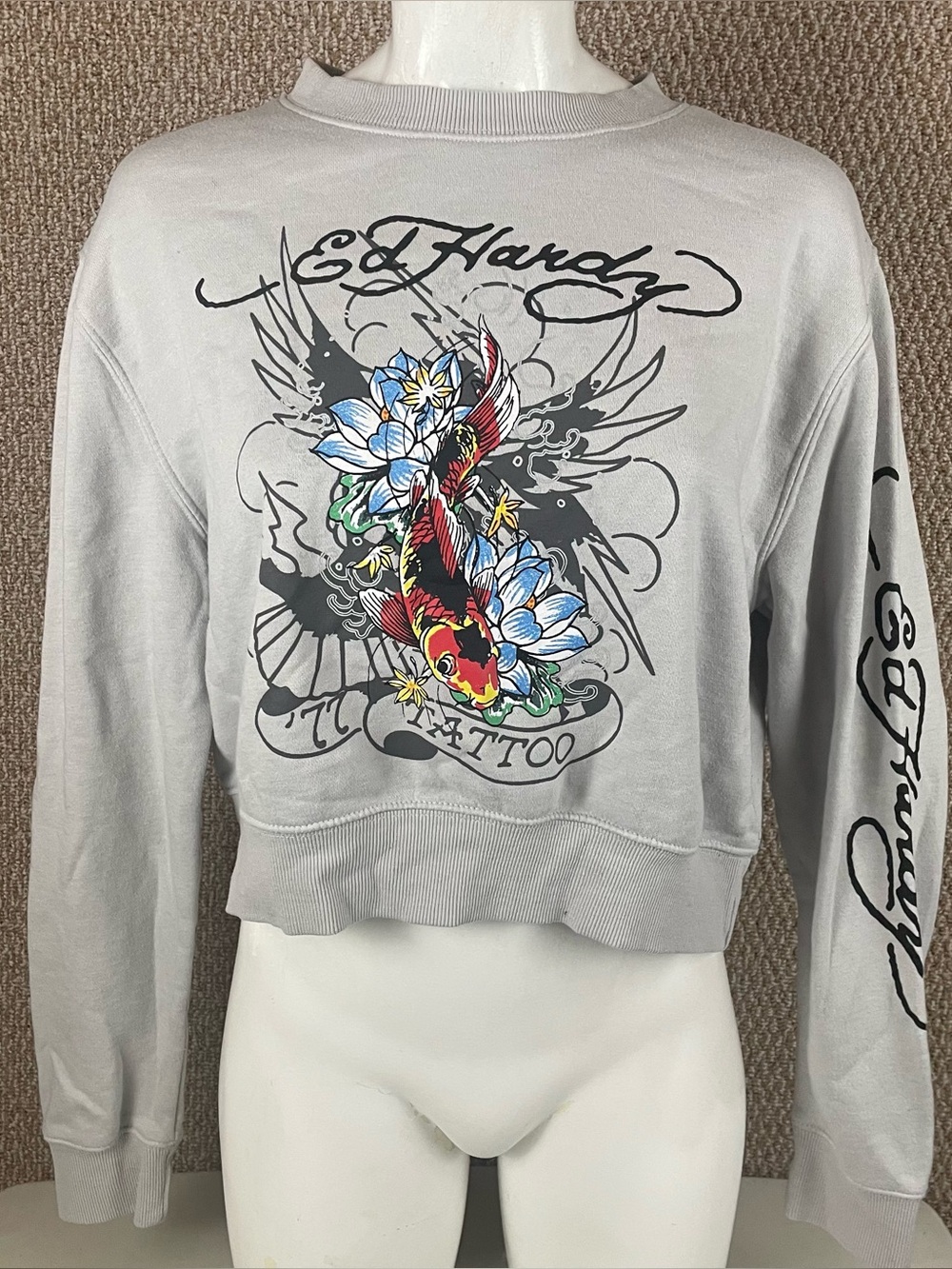 Ed Hardy Cropped Sweatshirt Womens Large Tattoo Graphic Long Sleeve B36